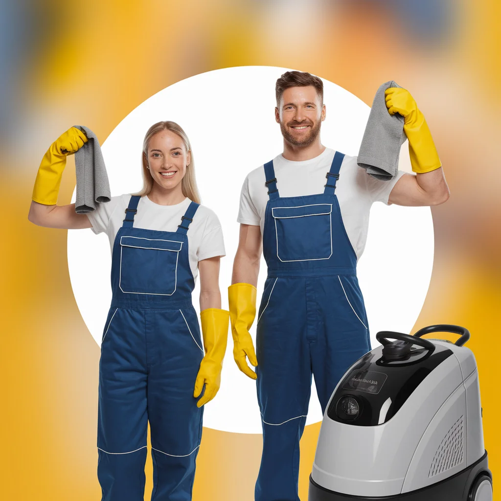 Zwei freundliche Reinigungskräfte von EIG Facility Management Regensburg bedanken sich mit einem Lächeln für Ihre Anfrage – professioneller Gebäudereinigungsservice vom Meisterbetrieb.
